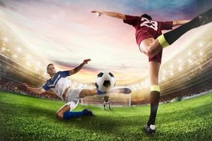 fútbol huelguista golpes el pelota con un acrobático patada. 3d representación foto