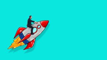 Sketch of a business man taking off on a rocket on a cyan background. Startup and ambition concept photo