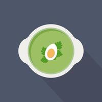 Spinach puree soup in a bowl garnished with half of egg and parsley leaves decoration, vector illustration in flat style. Green soup