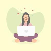 Young woman with laptop, sitting in lotus position. Studying, working, freelancing concept. Vector illustration in flat style