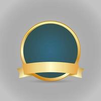 Gold round badge with golden ribbon. Vector illustration on a gray background. Background basis for banner with ribbon for text.