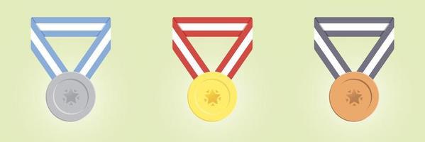 Gold, silver and bronze medals on a light green background. Vector illustration in flat style.