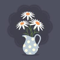 Jug with three daisies on dark background. Vector illustration in flat style.