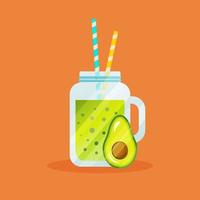 Avocado smoothie in a glass with straws. Summer beverage. Vector illustration in flat style.
