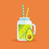 Avocado smoothie in a glass with straws. Summer beverage. Vector illustration in flat style.