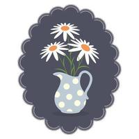 Bouquet of three daisies in a jug on the background of an oval with an openwork border. Vector illustration.