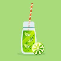 Lime smoothie with slices of lime in a bottle with straw. Vector illustration.