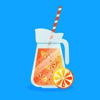 Orange juice in decanter with orange slices, flat style vector illustration.