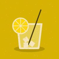 Lemonade with ice in glass with straw over yellow background, retro style vector illustration.