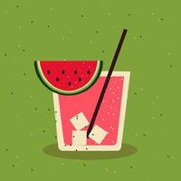 Watermelon smoothie vector illustration in flat style. Summer drink with ice in glass with straw.