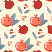 Seamless pattern with pomegranate fruits, leaves and seeds in a flat style on a light background. vector