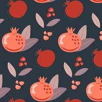 Seamless pattern with pomegranate fruits, leaves and seeds in a flat style on a dark background. Vector illustration in a flat style.