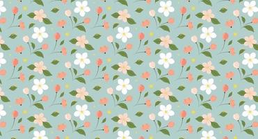 Seamless pattern with apple blossom flowers and leaves on a gray-blue background. vector