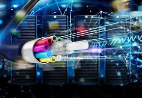 Internet connection with the fiber optic cables. Concept of fast server data center with network internet effects. photo
