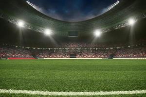 fútbol americano estadio con el soportes lleno de aficionados esperando para el noche juego. 3d representación foto