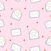 Seamless pattern with envelopes and heart. Mail and post office conceptual drawing. Isolated vector illustration. Pink background