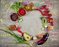 Healthy background of vegetable. Concept of genuine food. Colorful text with most important terms photo