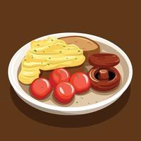 Traditional British Breakfast with Scramble Egg, Tomato, Toast and Mushroom Vector Illustration