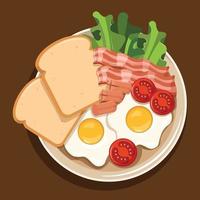tradicional británico desayuno con frito huevos, tostada, salchichas, tocino, tomate y lechuga ensalada vector ilustración