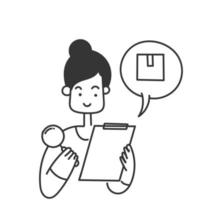 hand drawn doodle Person looking at boxes through magnifying glass and clipboard  check symbol for quality check illustration vector