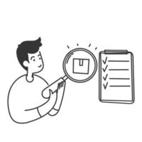 hand drawn doodle Person looking at boxes through magnifying glass and clipboard  check symbol for quality check illustration vector