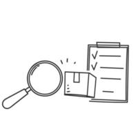 hand drawn doodle Person looking at boxes through magnifying glass and clipboard  check symbol for quality check illustration vector