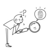 hand drawn doodle person looking through magnifying glass at fingerprints vector