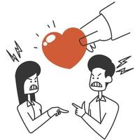 hand drawn doodle hand give love to couple in quarrel illustration vector