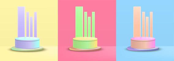 set of color pastel blue, red, yellow, 3D podium with shape and shadow, background modern rendering cylinder for product presentation studio vector