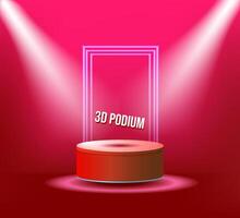 red 3D podium with lightning, background modern vector cylinder rendering shape for product presentation studio with blue neon square