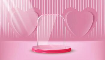 horizontal pink line background with love, pastel pink with glass mirror and light rays, backgorund vector 3D cylinder rendered for product presentation studio