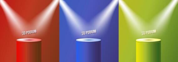 set of color blue, red, green, 3D podium with lightning, background modern vector cylinder rendering shape for product presentation studio