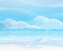 Watercolor painting bright blue beach with mountains and imaginary sky. vector