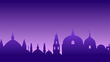 Silhouette background of mosque with shiny purple sky for ramadan design graphic. Vector illustration of a bunch of mosques for ramadan celebration in muslim culture and islam religion