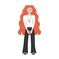 Flat vector hippy boho girl illustration. Hand drawn retro groovy elements