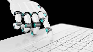 Futuristic white cyborg hand pressing a key on a keyboard photo