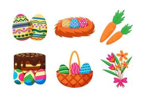 Happy Easter design element with eggs, carrot, cake, basket of eggs and flowers. Festival and cultural holiday concept. vector