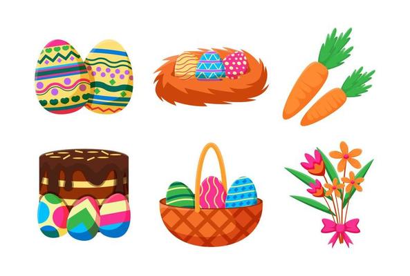 Happy Easter design element with eggs, carrot, cake, basket of eggs and flowers. Festival and cultural holiday concept.