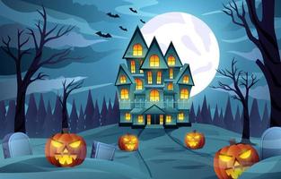 Happy Halloween background design vector with graveyard, glowing pumpkin lantern and castle in the dark jungle under the moonlight