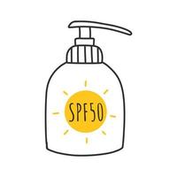 Sunscreen, lotion with SPF. Sunscreen protection and sun safety. Sunscreen, lotion with SPF. Sun protection and sun protection. Sunscreen lotion isolated. hand drawn vector illustration.Doodle style.