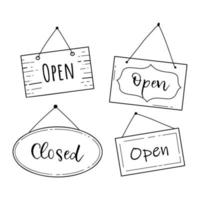 Hand drawn set of open and closed door sign. Doodle sketch style. Shop door or window open label. Vector illustration.