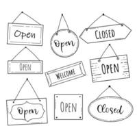 Hand drawn set of open and closed door sign. Doodle sketch style. Shop door or window open label. Vector illustration.