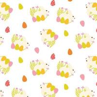 Seamless Easter pattern with bunnies and eggs. Vector illustration. Flat style. Easter bunny and eggs print.