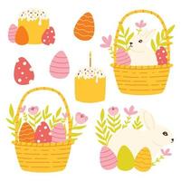 Easter set of elements. Easter Bunny, eggs, Easter cake. Vector illustration. Flat hand drawn style. Easter stickers.