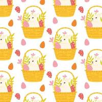 Seamless Easter pattern with bunnies, eggs, Easter cake. Vector illustration. Flat style.