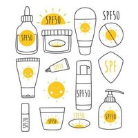 Set of Sunscreens, lotions with SPF. Sunscreen protection and sun safety. Sunscreen, lotion with SPF. Sunscreen lotion isolated. hand drawn vector illustration. Doodle style.