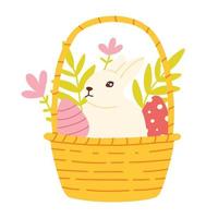 Easter Bunny in a basket with eggs. Vector illustration. Basket with flowers, eggs and a rabbit. Flat style.