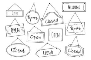 Hand drawn set of open and closed door sign. Doodle sketch style. Shop door or window open label. Vector illustration.