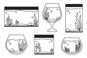 Set of Aquariums. Collection of Aquariums with algae in doodle style. Vector illustration. Empty isolated aquarium in line style.