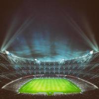 fútbol americano estadio con el soportes lleno de aficionados esperando para el noche juego. parte superior vista. 3d representación foto
